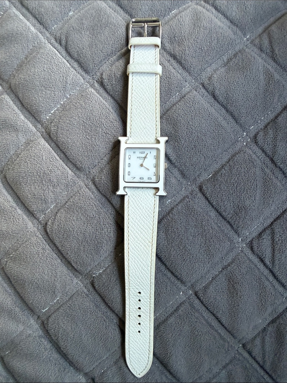 Hermes White Leather H-Frame Ladies Watch with Silver Buckle